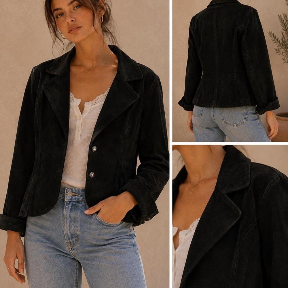 Live a Little Black Suede Leather Blazer Rhinestone Button Western Jacket XL